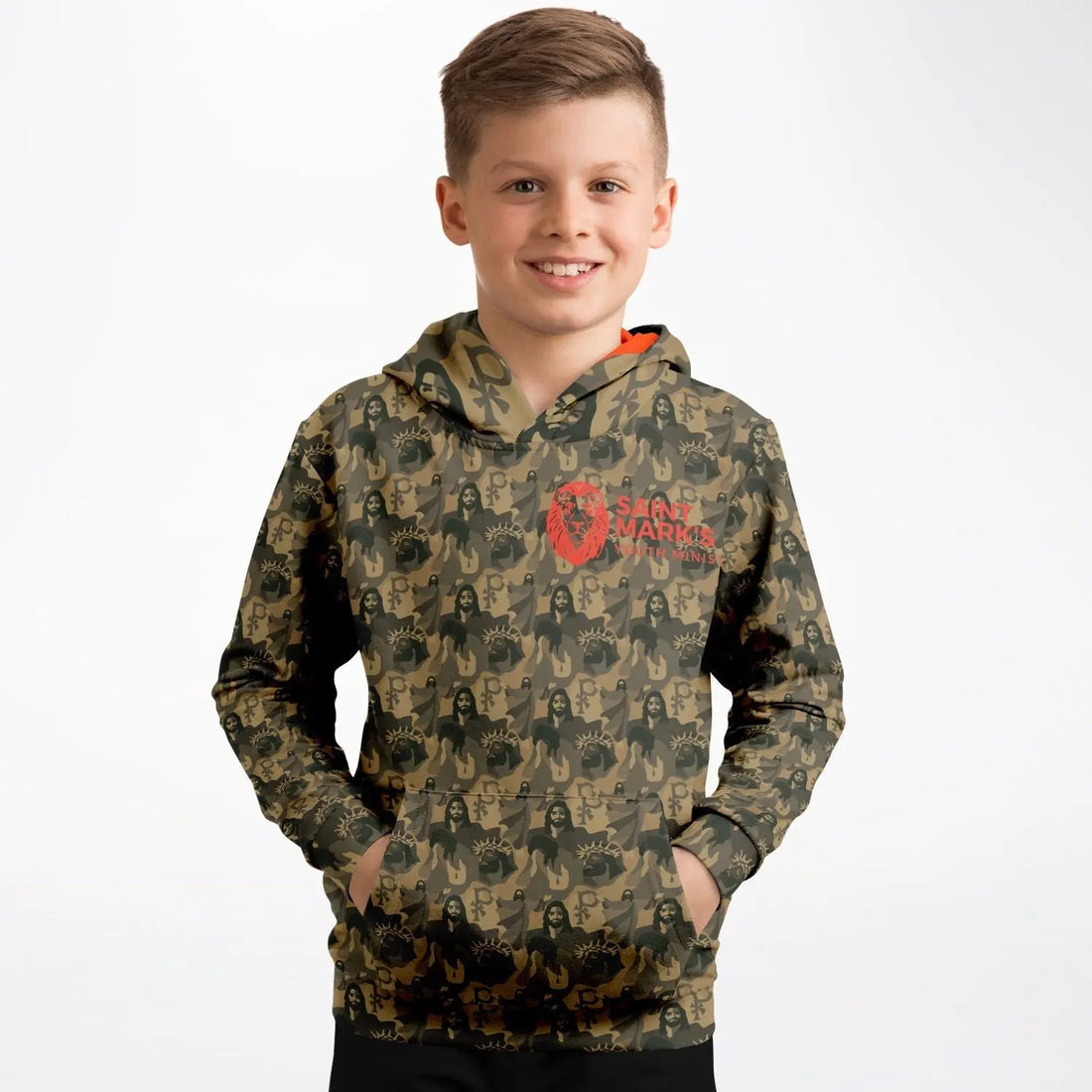 Image of a boy wearing a jesus camouflage hoodie with a logo of an orange lion and text that reads St Marks Youth Ministry