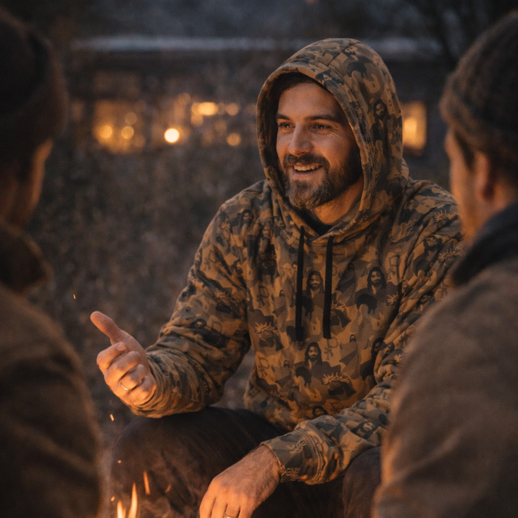 Man in camouflage hoodie sitting by a campfire with two others, surrounded by nature.