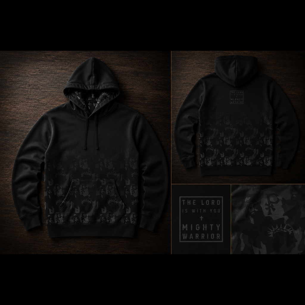 Golgotha Hoodie showcase view - black Christian camo hoodie with Jesus pattern