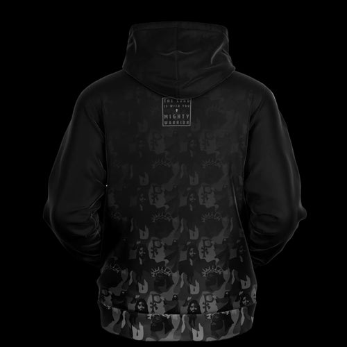 Black hoodie with white paisley pattern on a white background