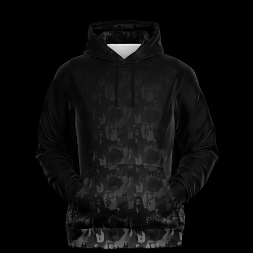 Black hoodie with graphic design on a white background