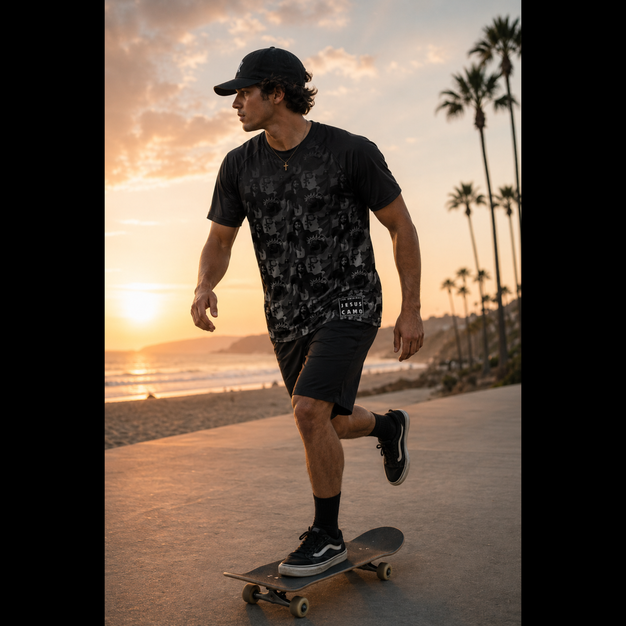 Man skateboarding on a path by the beach with palm trees and sunset in the background