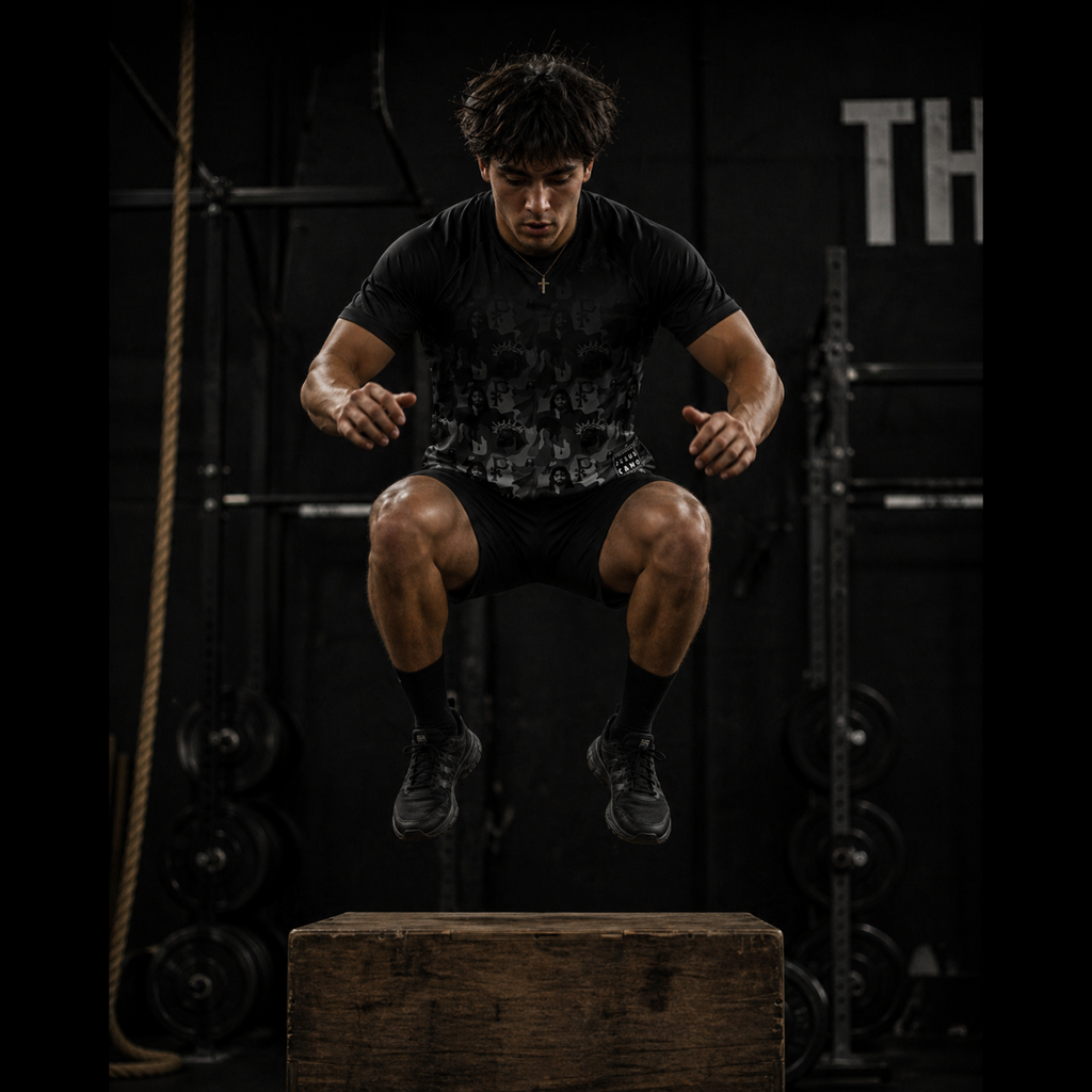 Person performing a jump on a wooden box in a gym setting