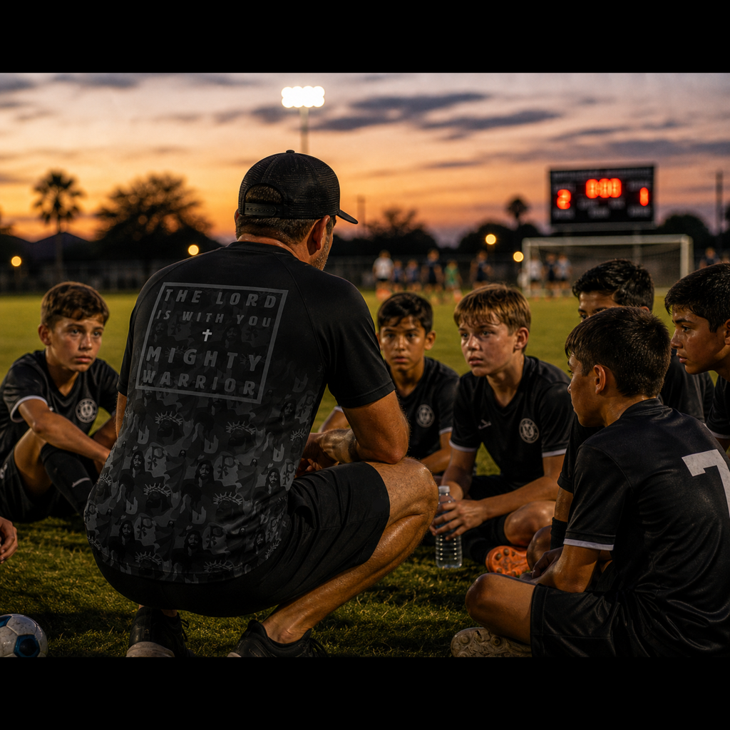 Coach talking to a group of young soccer players on a field at sunset.