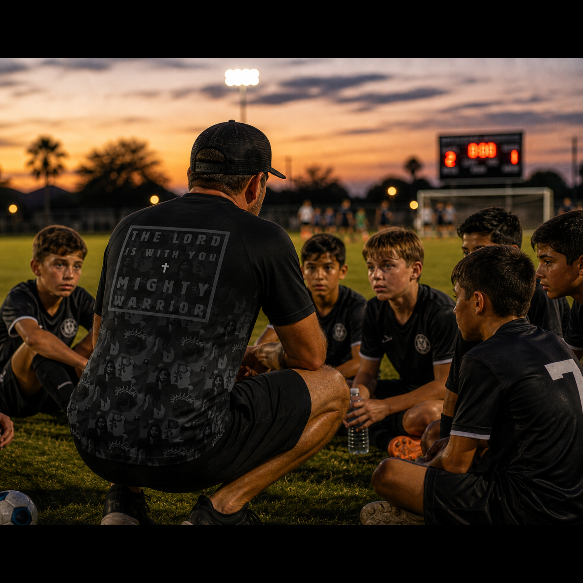 Coach talking to a group of young soccer players on a field at sunset.