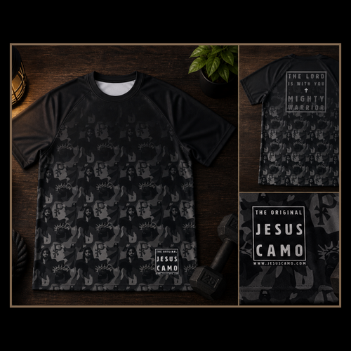 Black t-shirt with Jesus Camo pattern on a wooden surface