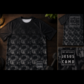 Black and grey camouflage shirt with jesus pattern