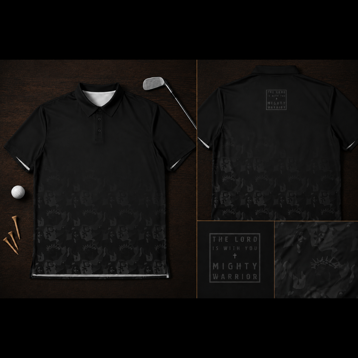 Black and grey camouflage pattern polo shirt with pattern of Jesus. 