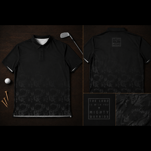 Black and grey camouflage pattern polo shirt with pattern of Jesus. 
