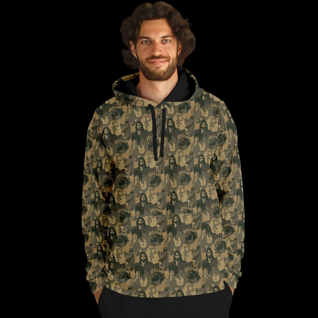 Man wearing a patterned hoodie on a white background