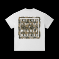 A white short-sleeve t-shirt shown from the back, featuring a large square graphic print with a distressed camouflage border and the text 'THE LORD IS WITH YOU + MIGHTY WARRIOR' over a tan and brown camo background.