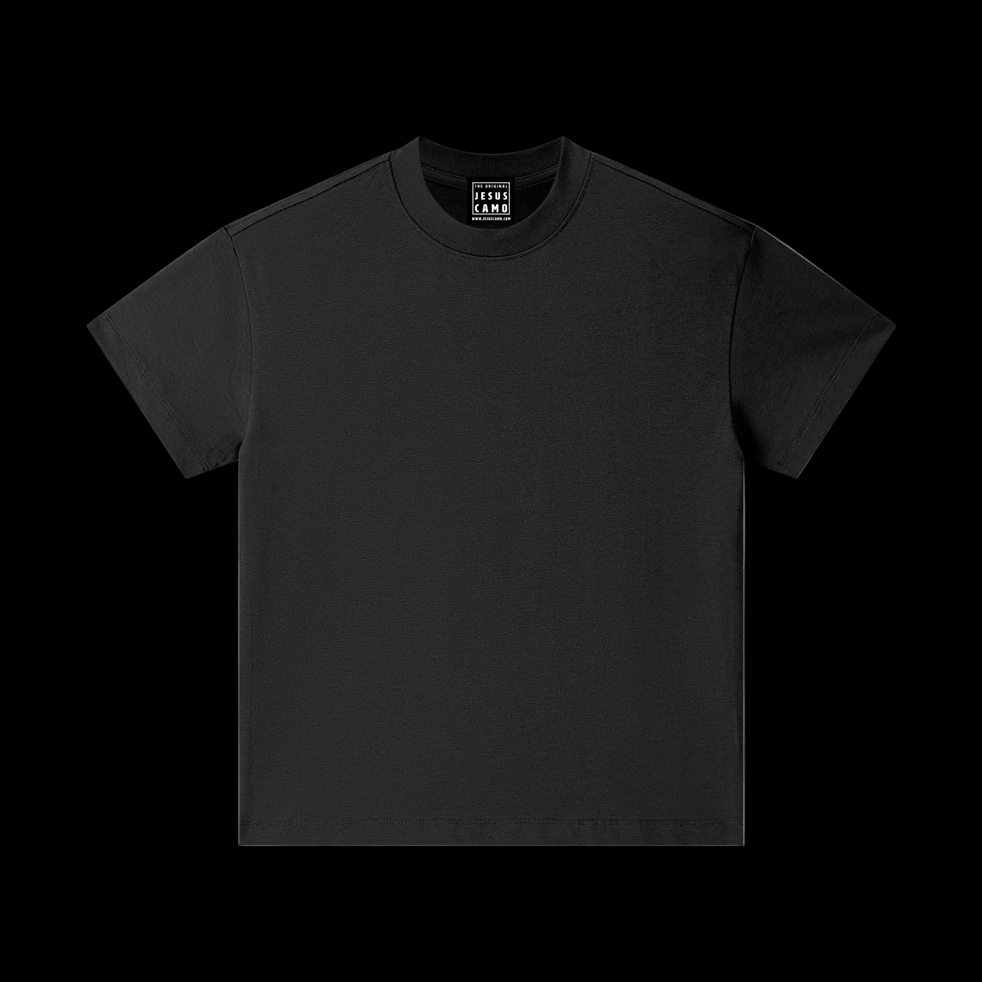 Black t-shirt with a brand logo on a white background