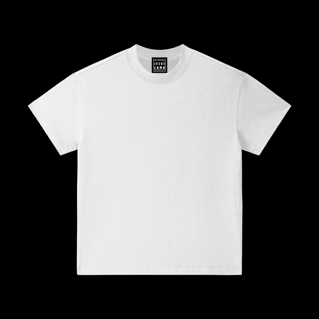 White t-shirt with a small logo on a white background