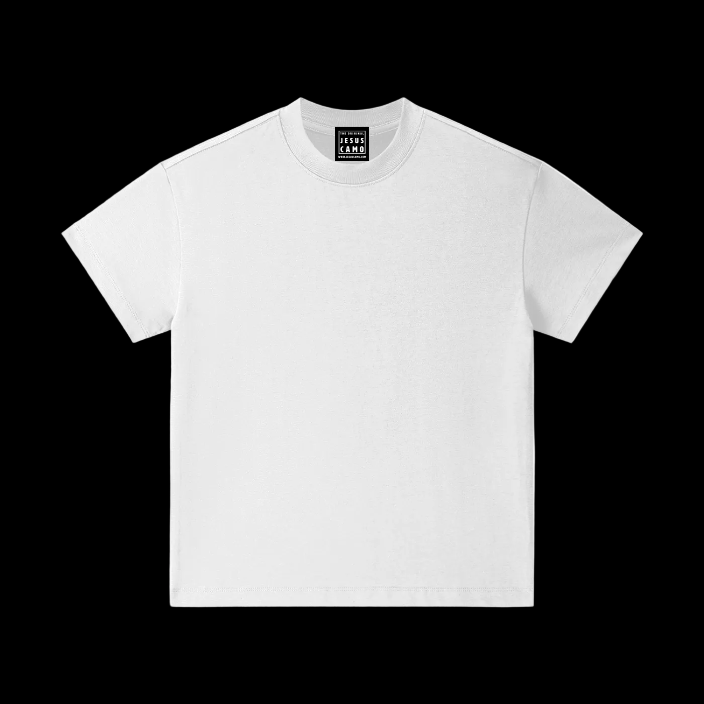 White t-shirt with a small logo on a white background