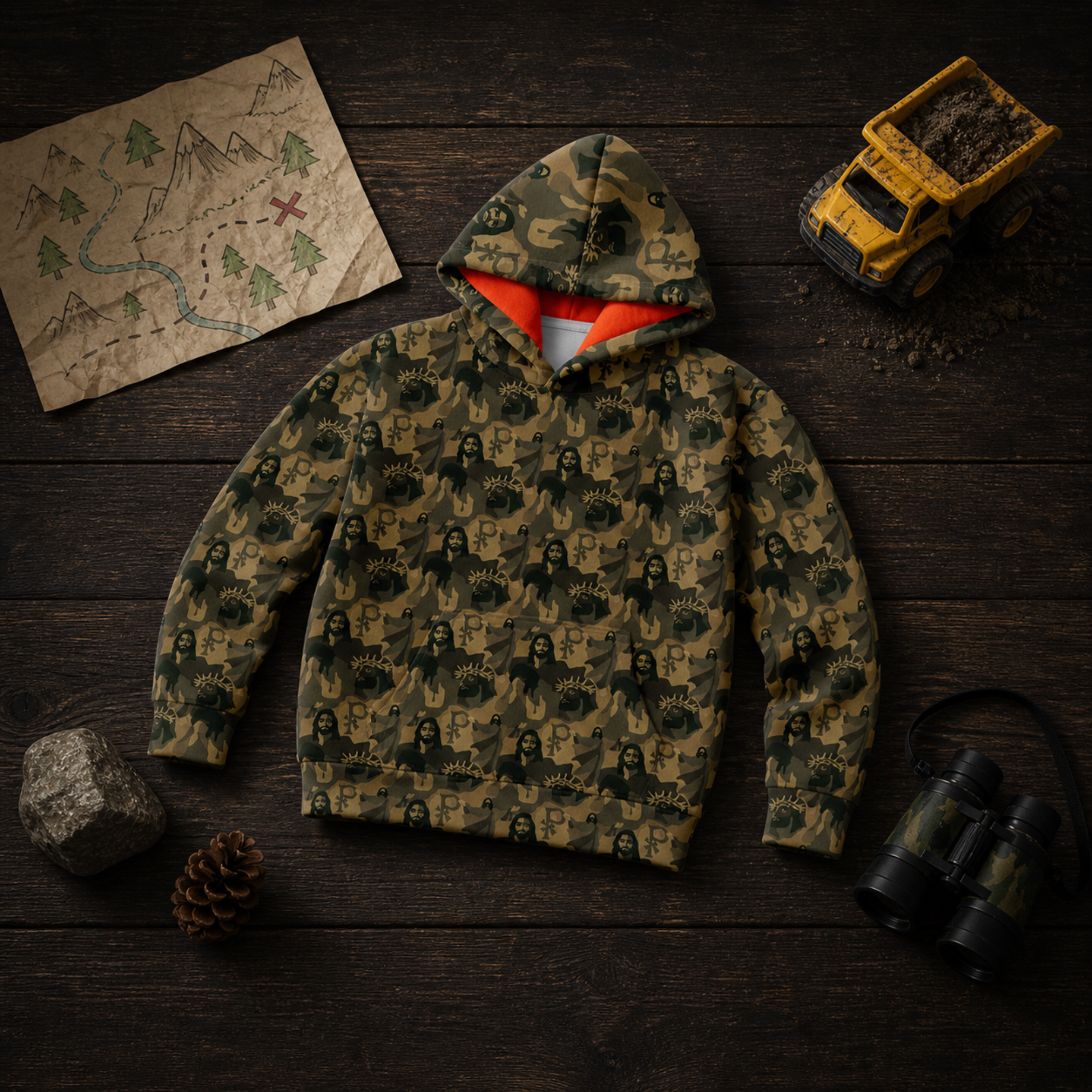 Camouflage hoodie with a map, toy truck, rock, pine cone, and binoculars on a wooden surface