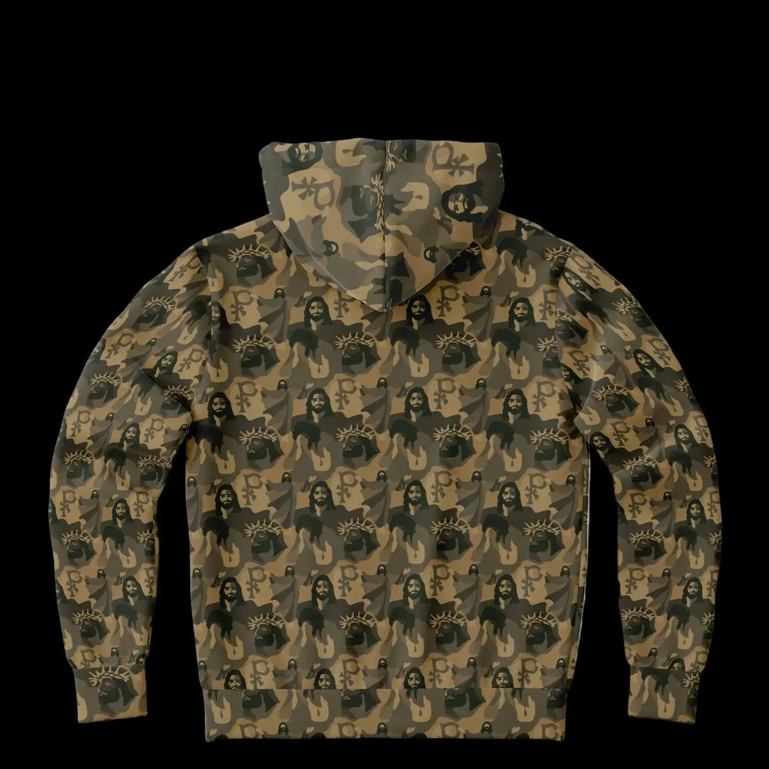 Back view of Christian themed jesus camo hoodie showing detail view of a camouflage pattern on a white background