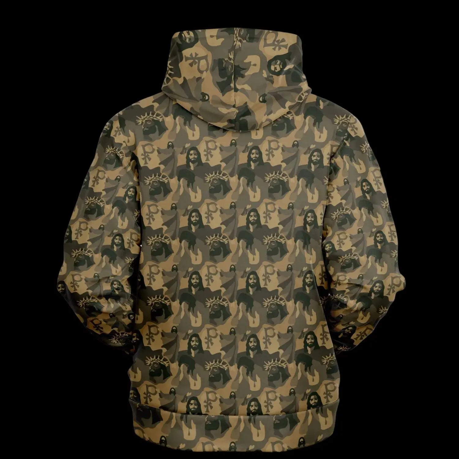 Back view of Christian themed jesus camo hoodie showing detail view of a camouflage pattern on a white background