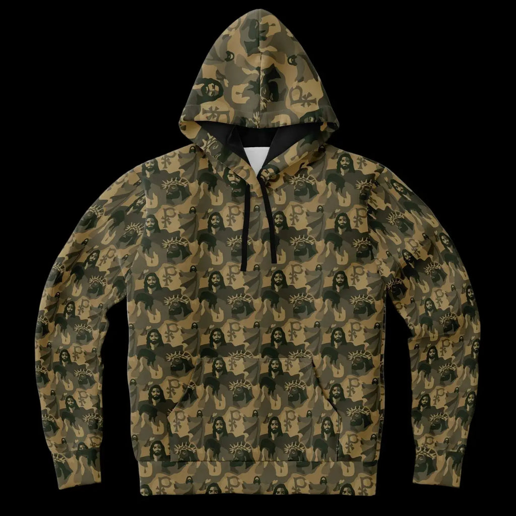 Front view of Christian themed jesus camo hoodie showing detail view of a camouflage pattern on a white background