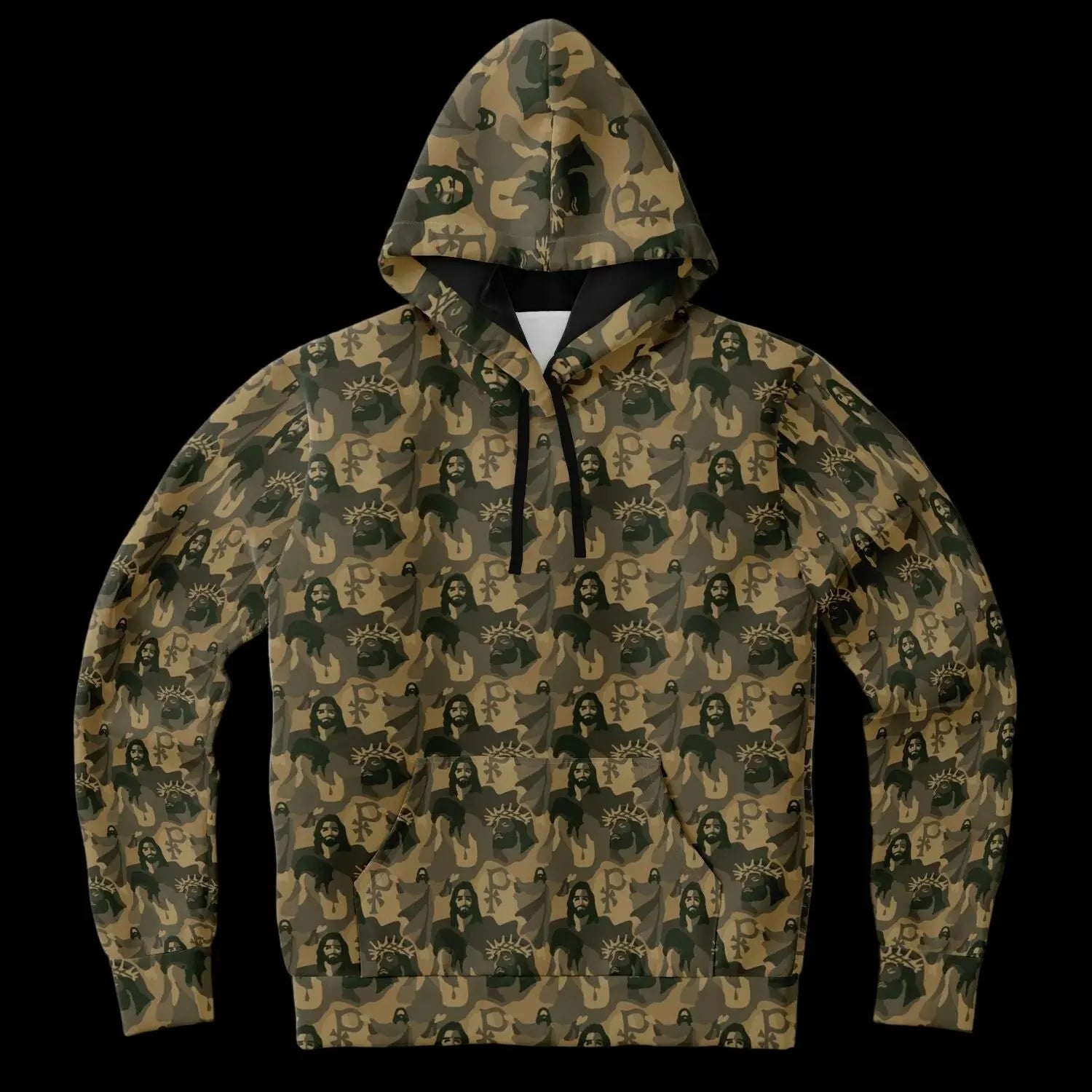 Front view of Christian themed jesus camo hoodie showing detail view of a camouflage pattern on a white background