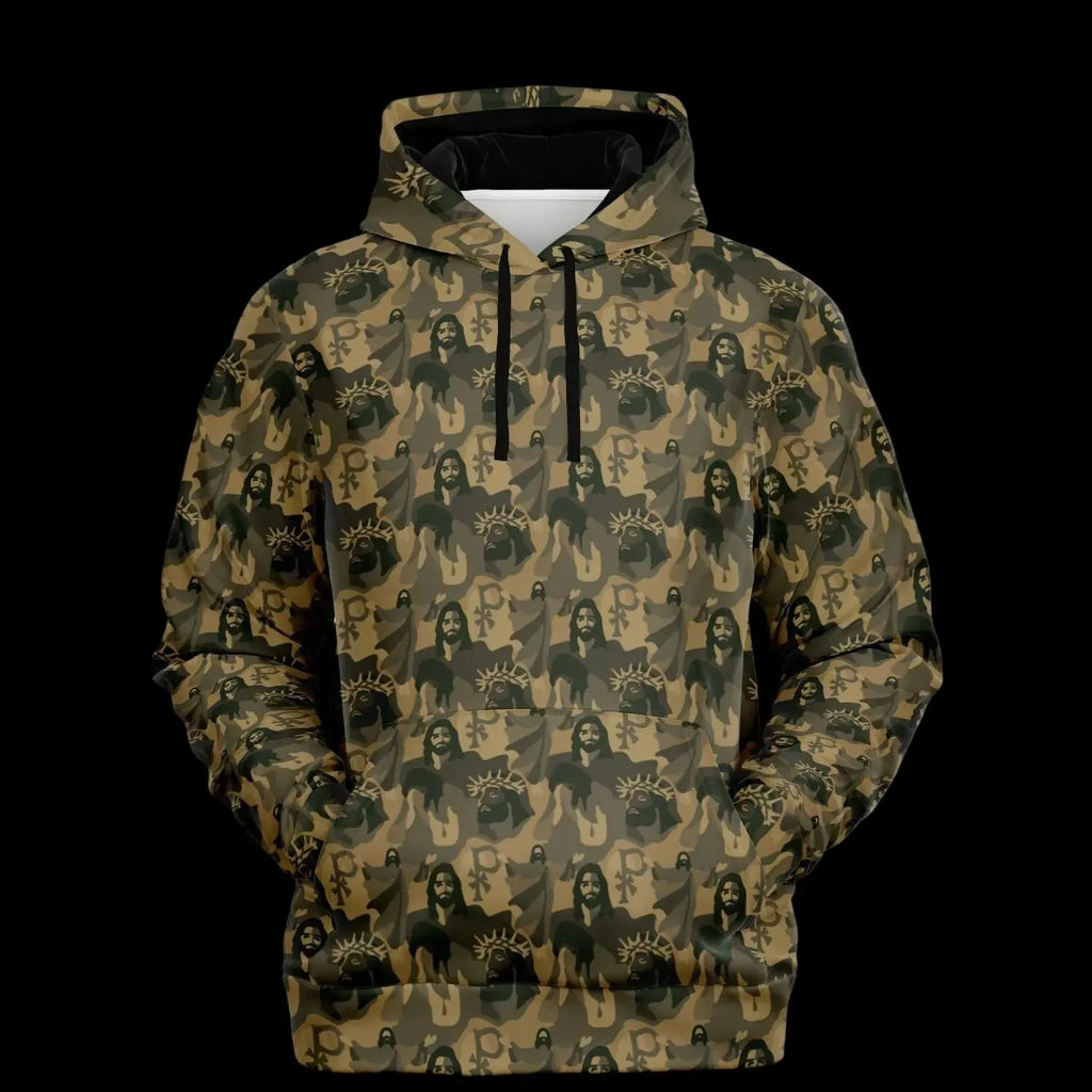 Front view of Christian themed jesus camo hoodie showing detail view of a camouflage pattern on a white background