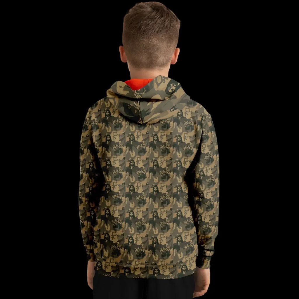 Mockup view of the back of a kids hoodie with a jesus camouflage pattern worn by a boy against a black background