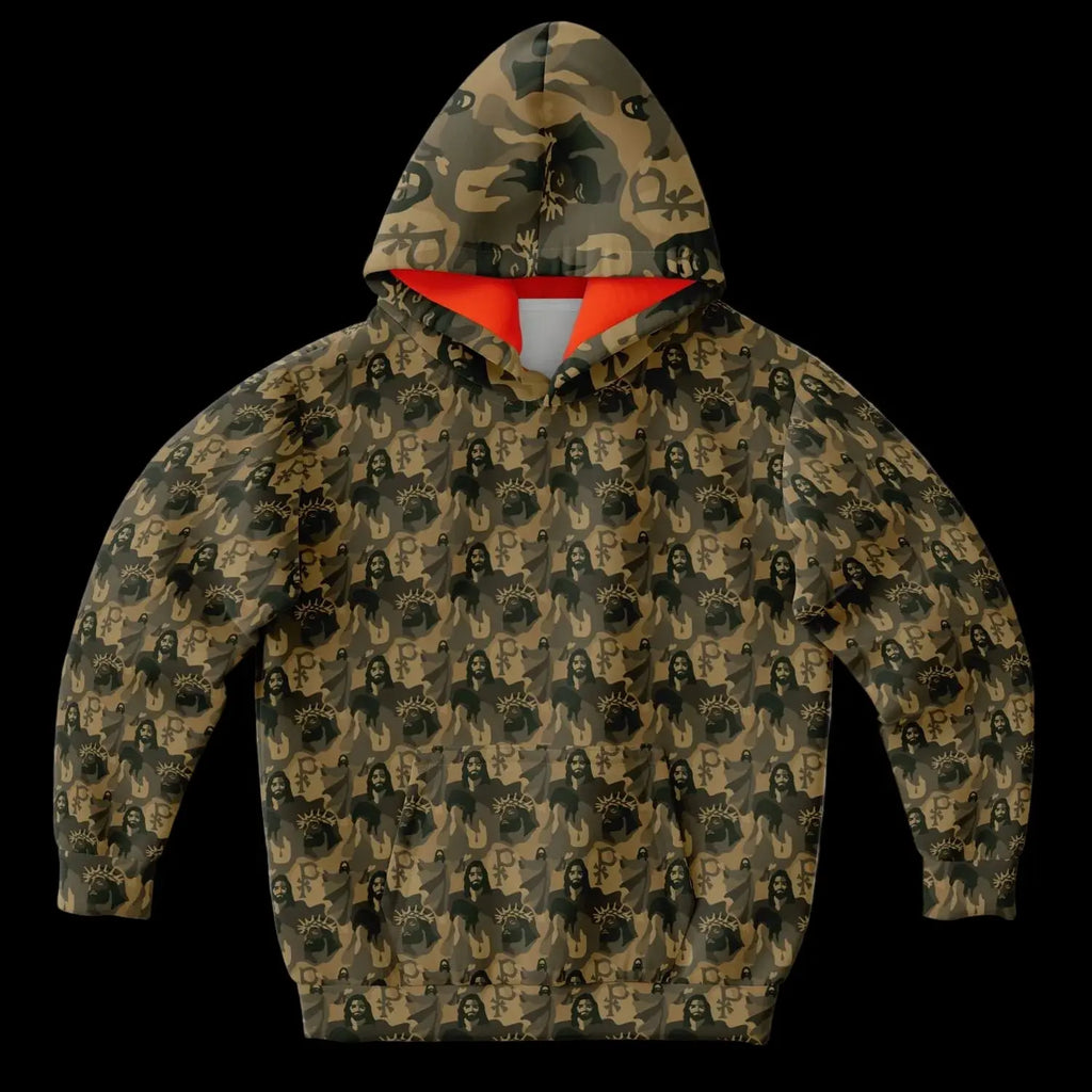 Flat front view of kids hoodie with a jesus camouflage pattern and bright orange lining on a black background