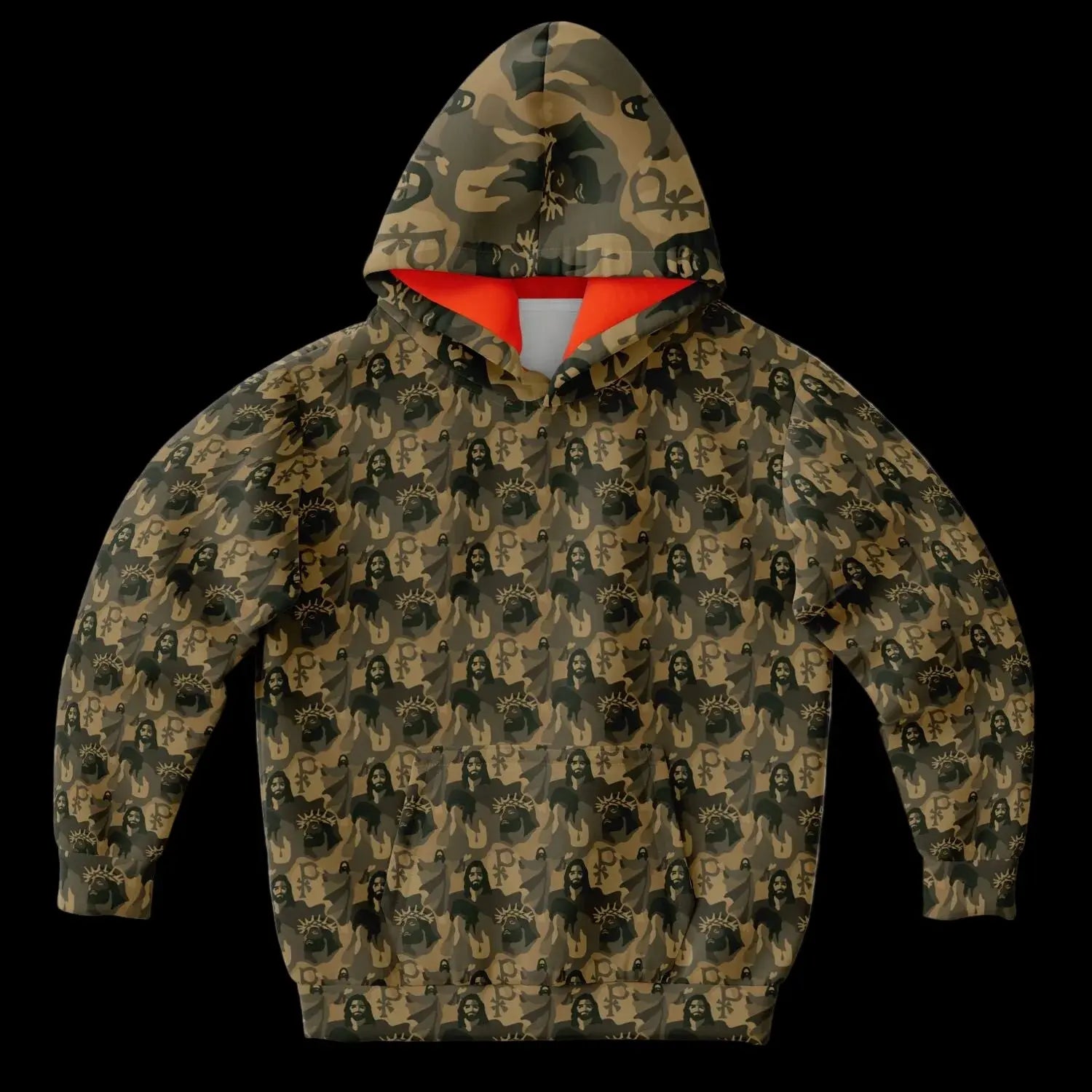 Flat front view of kids hoodie with a jesus camouflage pattern and bright orange lining on a black background