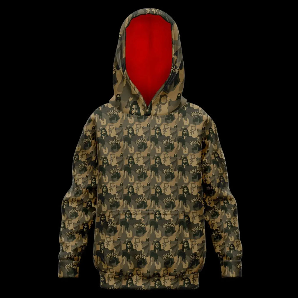 Kids hoodie with a jesus camouflage pattern and bright orange lining on a black background