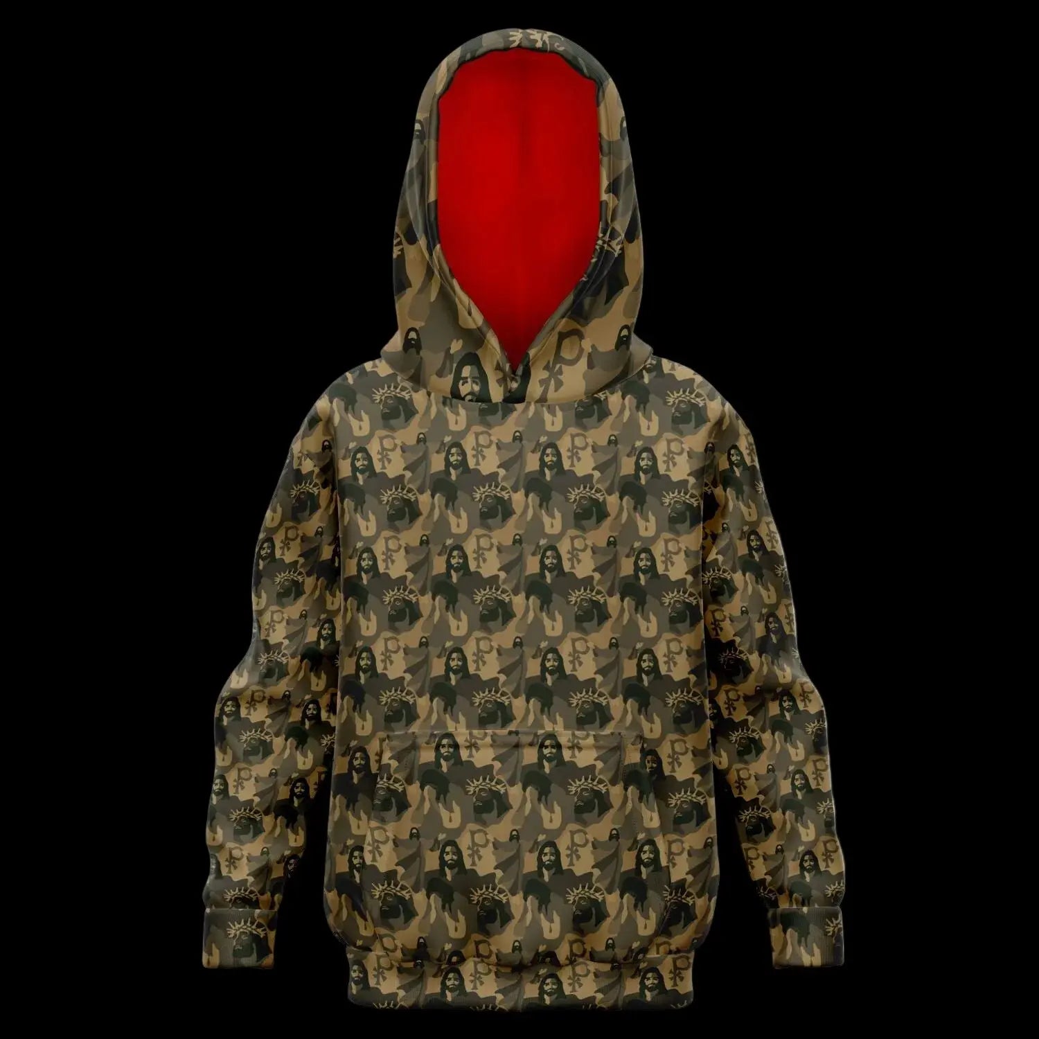 Kids hoodie with a jesus camouflage pattern and bright orange lining on a black background