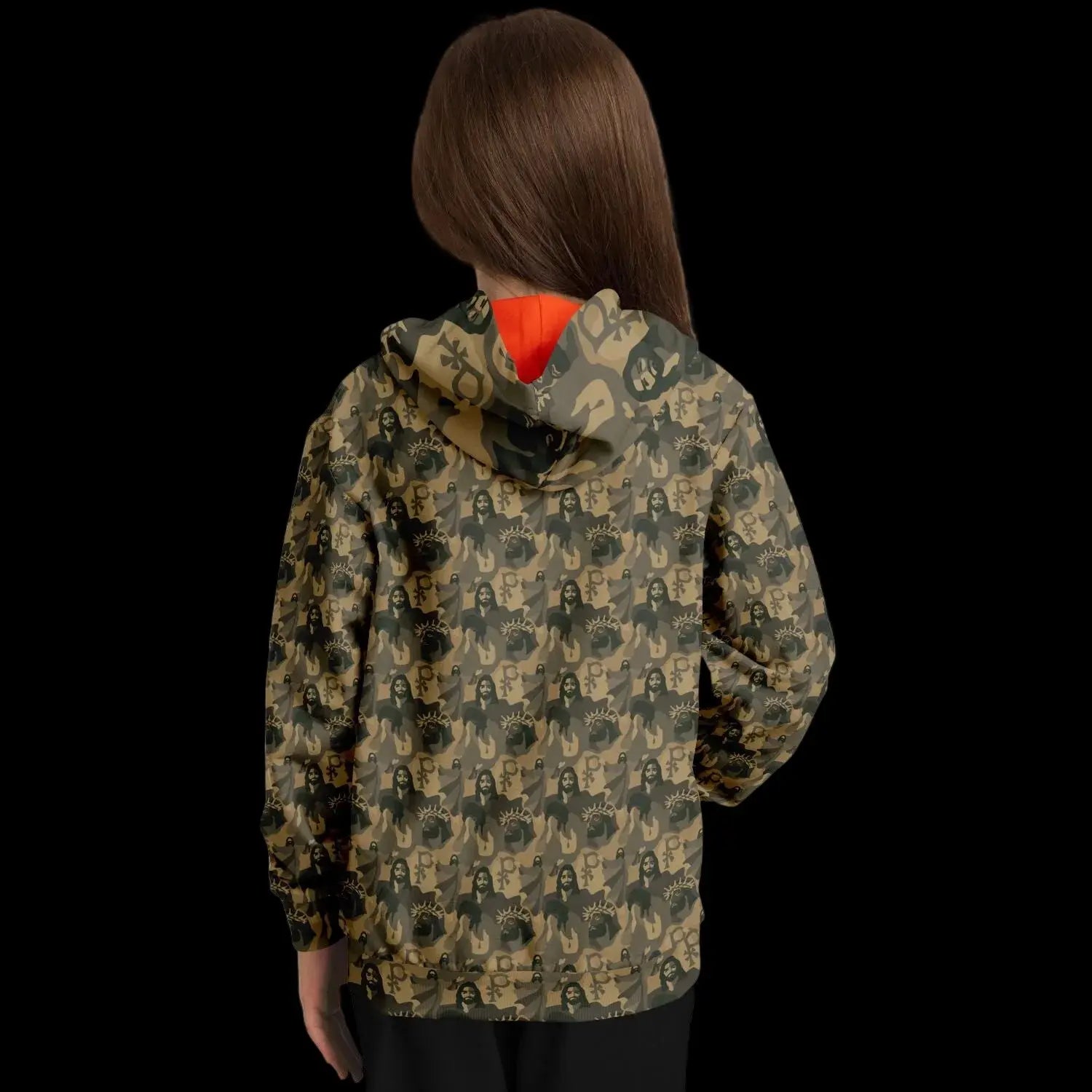 Mockup view of the back of a kids hoodie with a jesus camouflage pattern worn by a girl against a black background