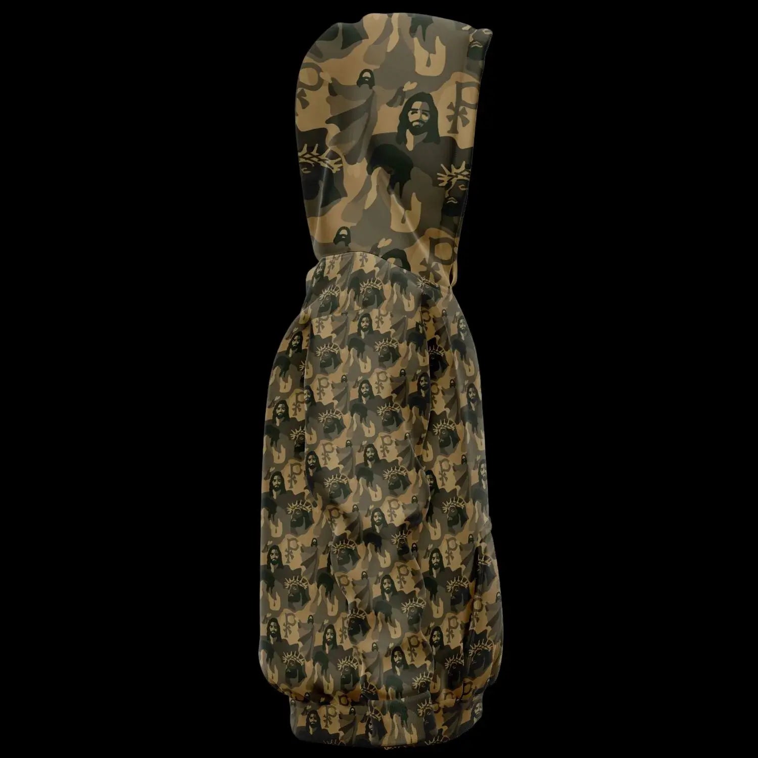 Detail view of the right side of a kids hoodie with a jesus camouflage pattern against a black background